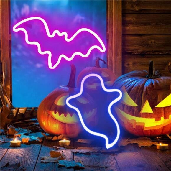 2 Pack Halloween Decoration LEDs Neon Sign Light Ghost Neon Sign Bat Lights - Picture 2 of 8